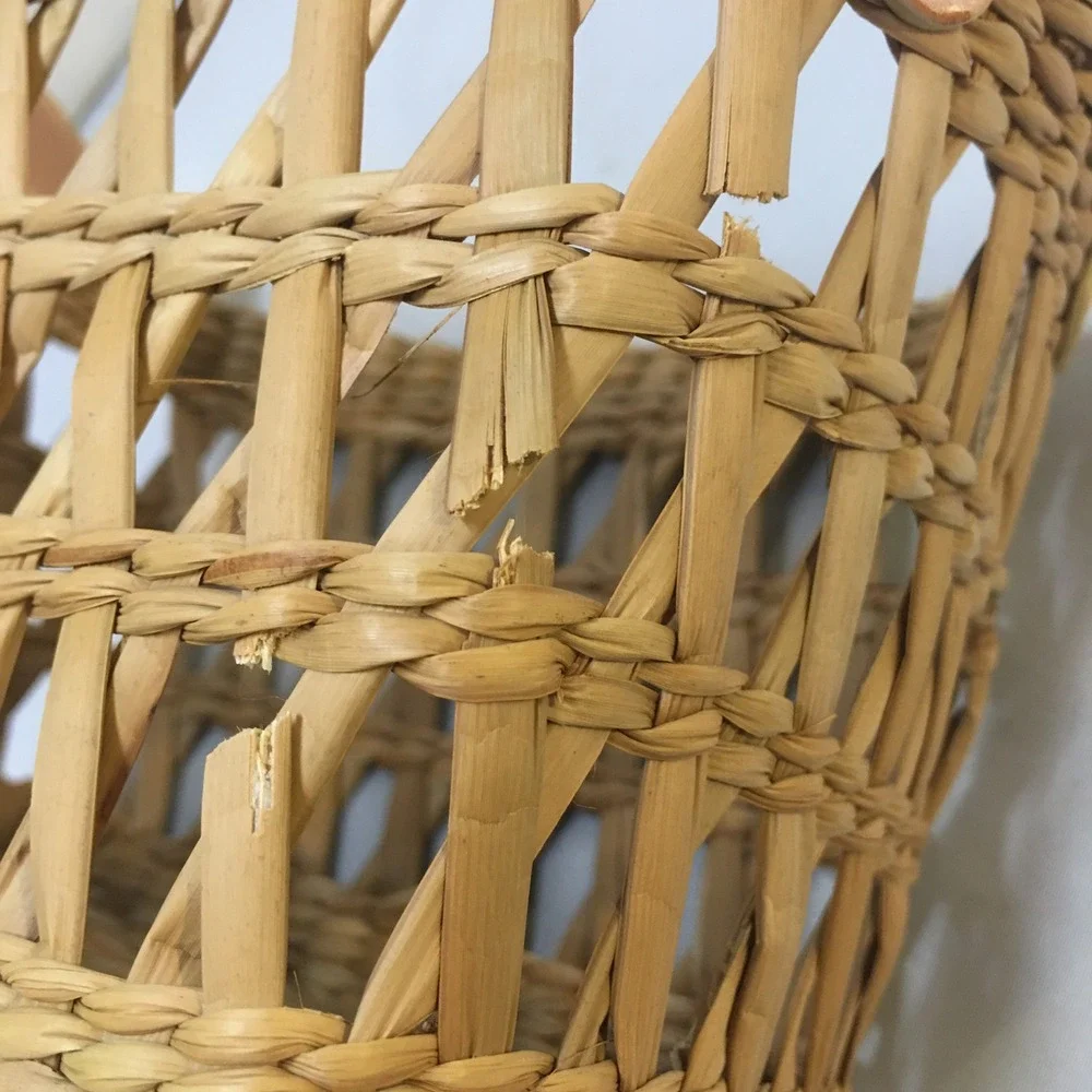 Woven Straw Basket Small Tan Faux Leather Handle Lattice Design Rectangle